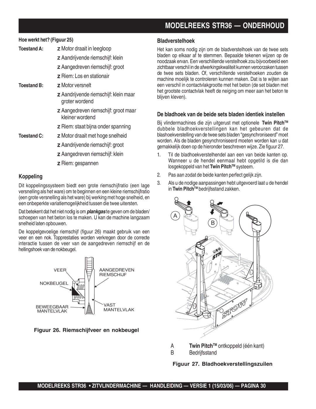 Stow STR36 manual Bladverstelhoek, Koppeling, De bladhoek van de beide sets bladen identiek instellen 