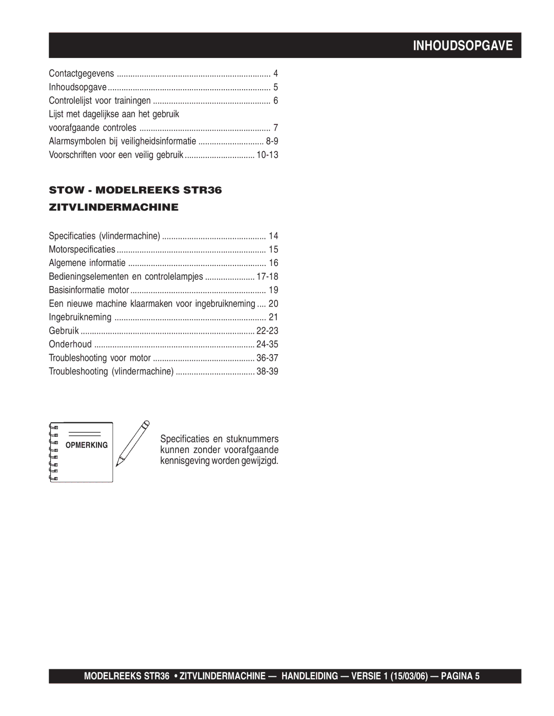 Stow manual Inhoudsopgave, Stow Modelreeks STR36 Zitvlindermachine 