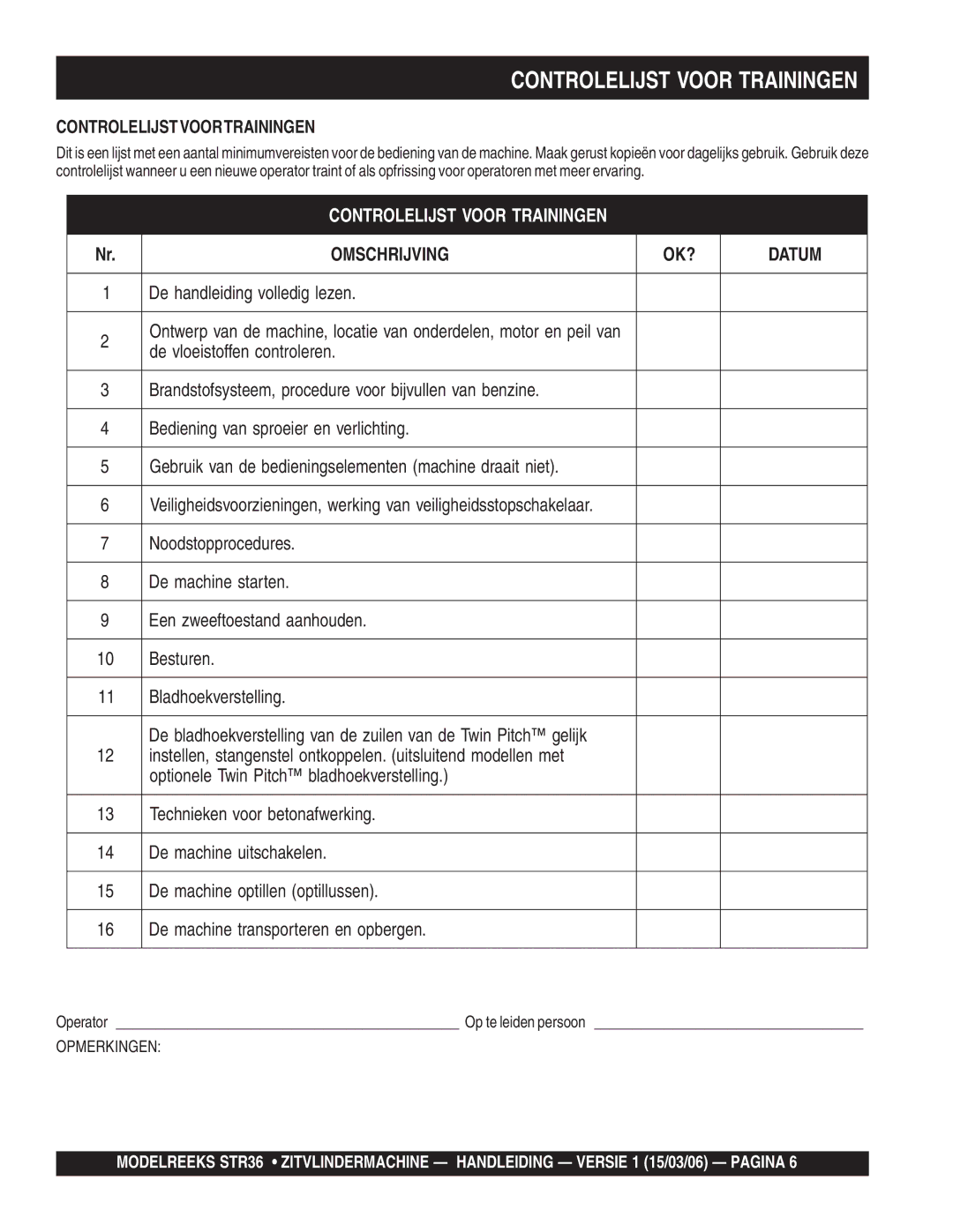 Stow STR36 manual Controlelijst Voor Trainingen, Controlelijstvoortrainingen 