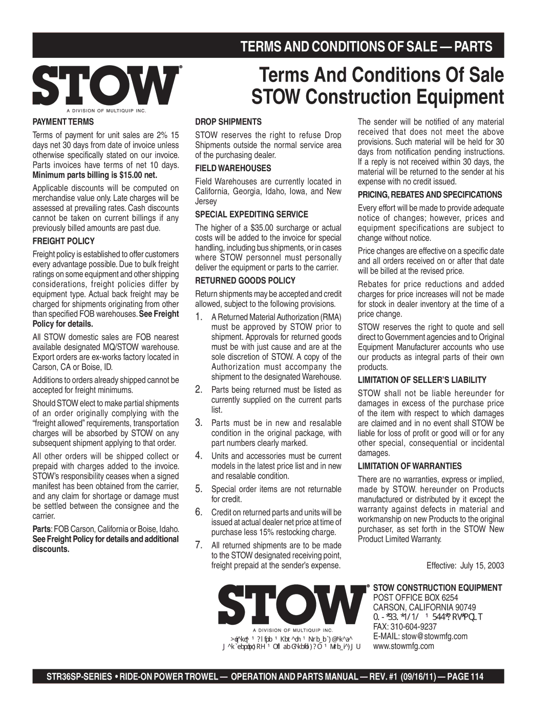 Stow STR36SP manual Terms and Conditions of Sale Parts, Payment Terms 