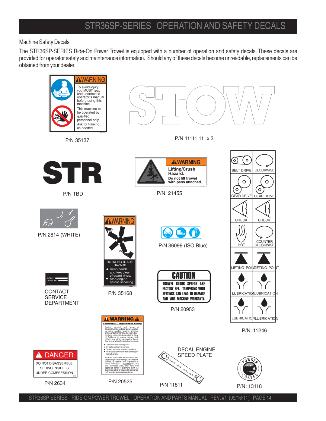 Stow manual STR36SP-SERIES Operation and Safety Decals, Machine Safety Decals 