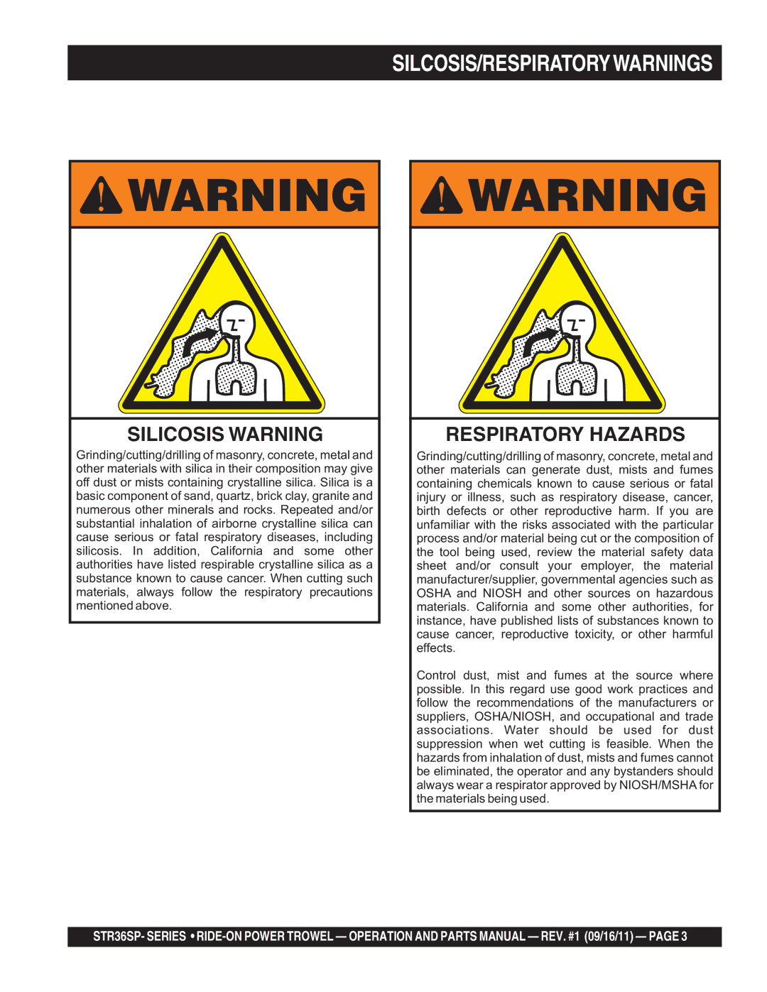 Stow STR36SP manual Silcosis/Respiratorywarnings, Silicosis Warning 