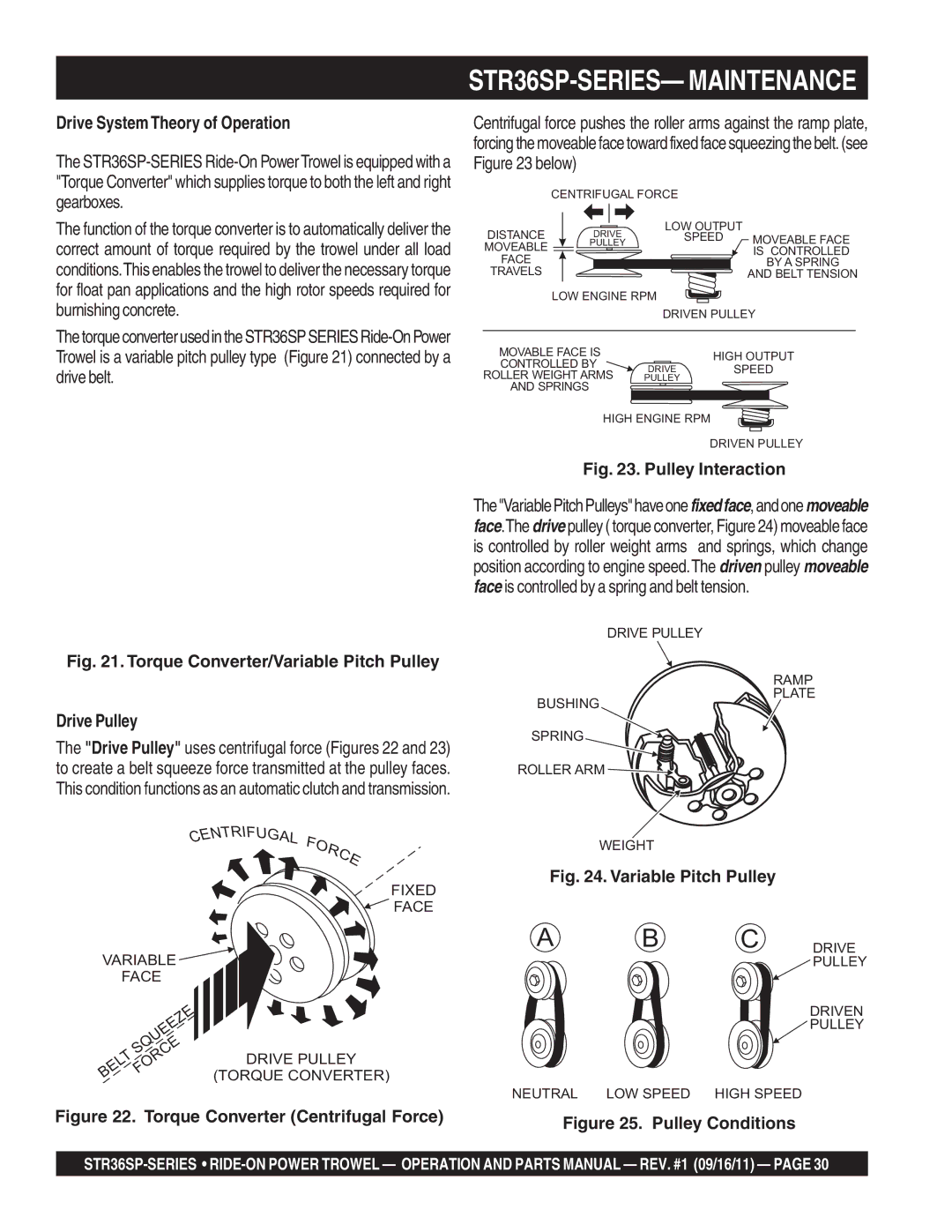 Stow STR36SP manual Drive System Theory of Operation, Torque Converter/Variable Pitch Pulley Drive Pulley 