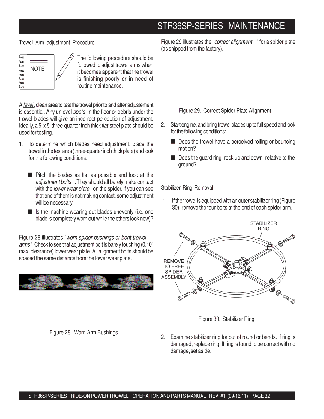 Stow STR36SP manual Trowel Arm adjustment Procedure, Stabilizer Ring Removal 