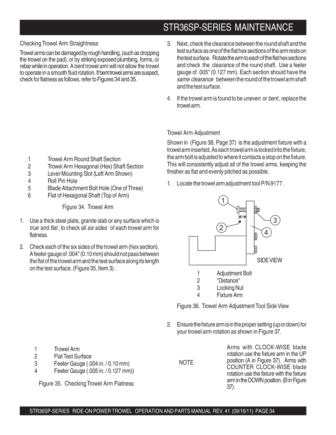 Stow STR36SP manual Checking Trowel Arm Straightness, Trowel Arm Adjustment 