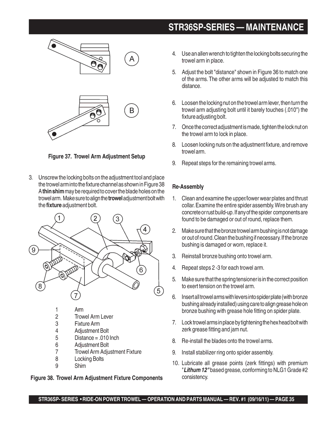 Stow STR36SP manual Trowel Arm Adjustment Setup, Re-Assembly 