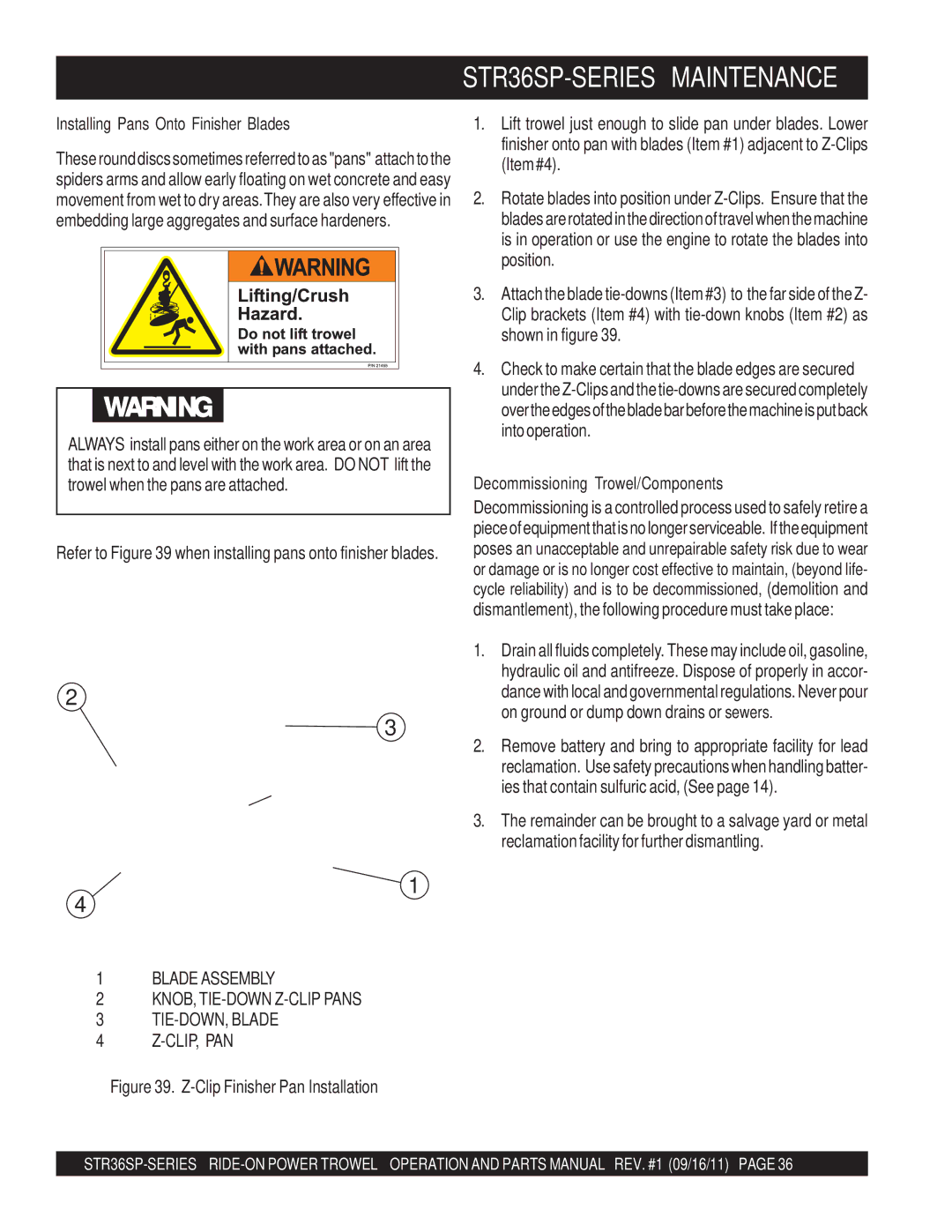 Stow STR36SP manual Installing Pans Onto Finisher Blades, Decommissioning Trowel/Components 