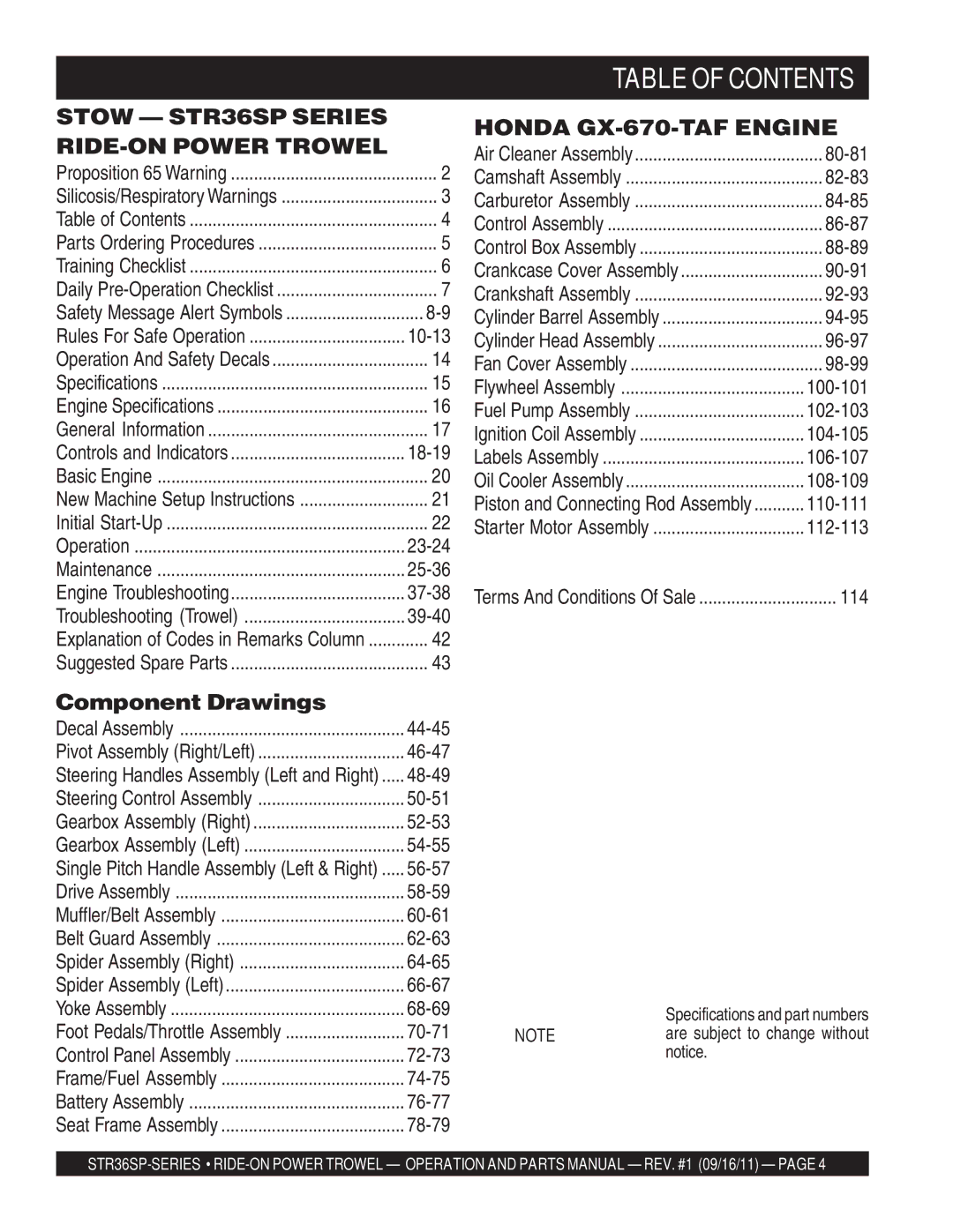 Stow STR36SP manual Table of Contents 