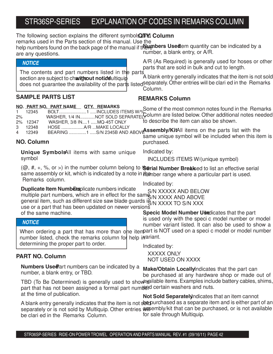 Stow manual STR36SP-SERIES Explanation of Codes in Remarks Column, Xxxxx only Not Used on 