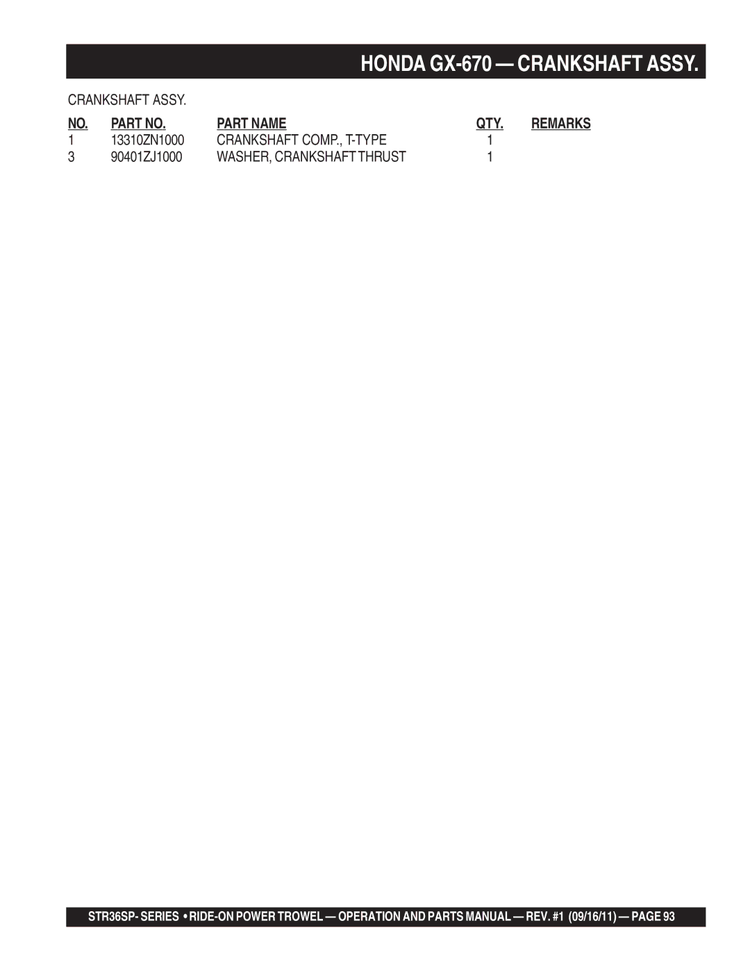 Stow STR36SP manual Crankshaft COMP., T-TYPE, 90401ZJ1000 