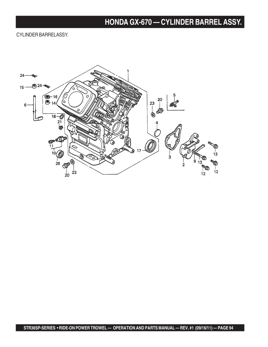 Stow STR36SP manual Honda GX-670 Cylinder Barrel Assy, Cylinder Barrelassy 