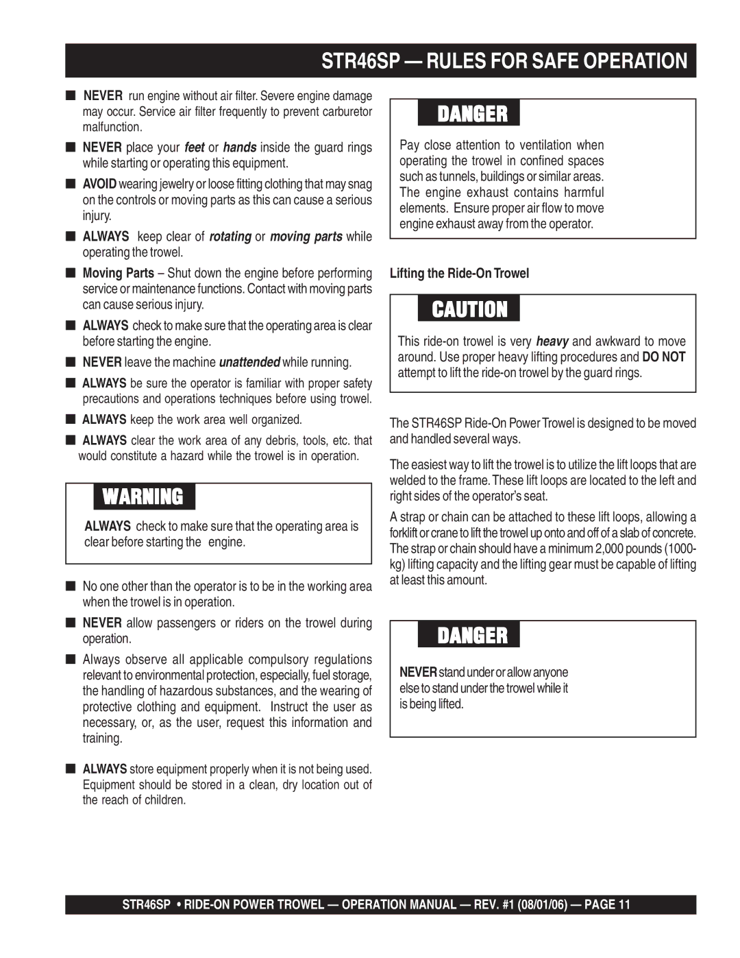 Stow manual STR46SP Rules for Safe Operation, Always keep the work area well organized, Lifting the Ride-On Trowel 