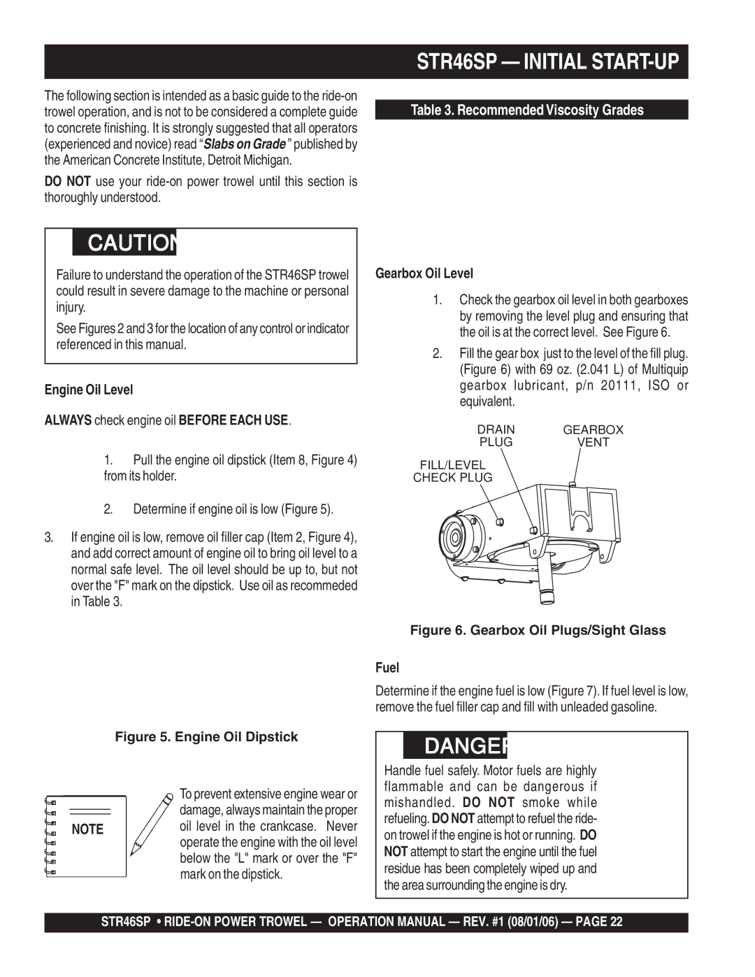 Stow manual STR46SP Initial START-UP, Engine Oil Level Always check engine oil Before Each USE, Gearbox Oil Level 