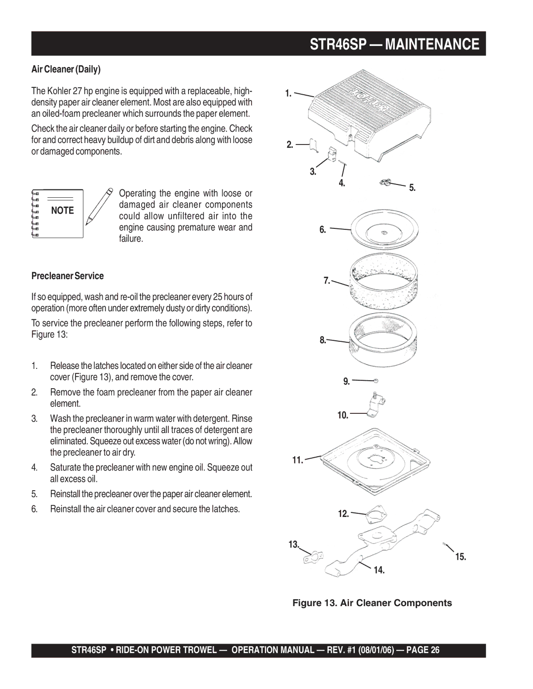 Stow manual STR46SP Maintenance, Air Cleaner Daily, Reinstall the air cleaner cover and secure the latches 