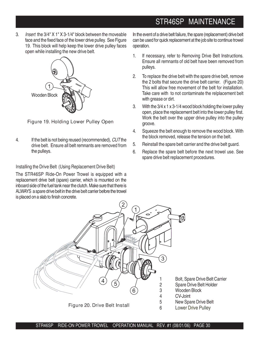 Stow STR46SP manual Wooden Block, Reinstall the spare belt carrier and the drive belt guard 