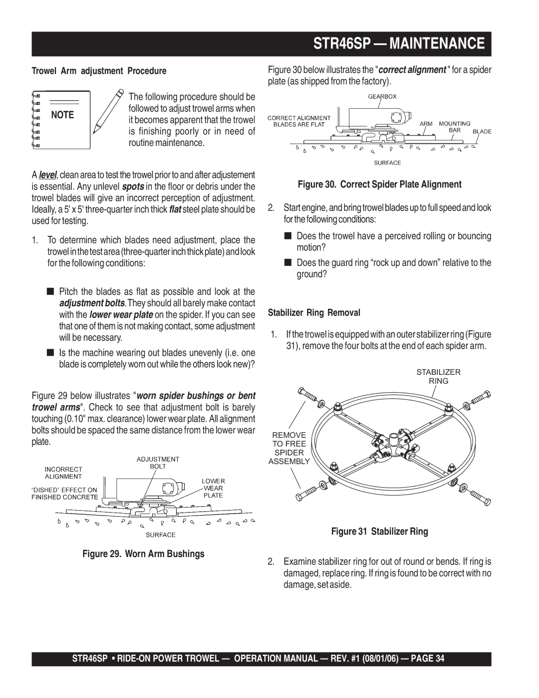 Stow STR46SP manual Trowel Arm adjustment Procedure, Stabilizer Ring Removal 