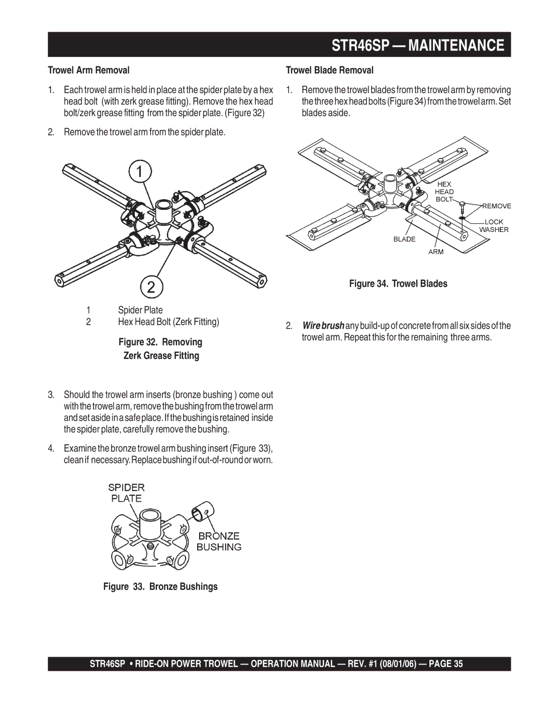 Stow STR46SP manual Trowel Arm Removal, Remove the trowel arm from the spider plate, Trowel Blade Removal 