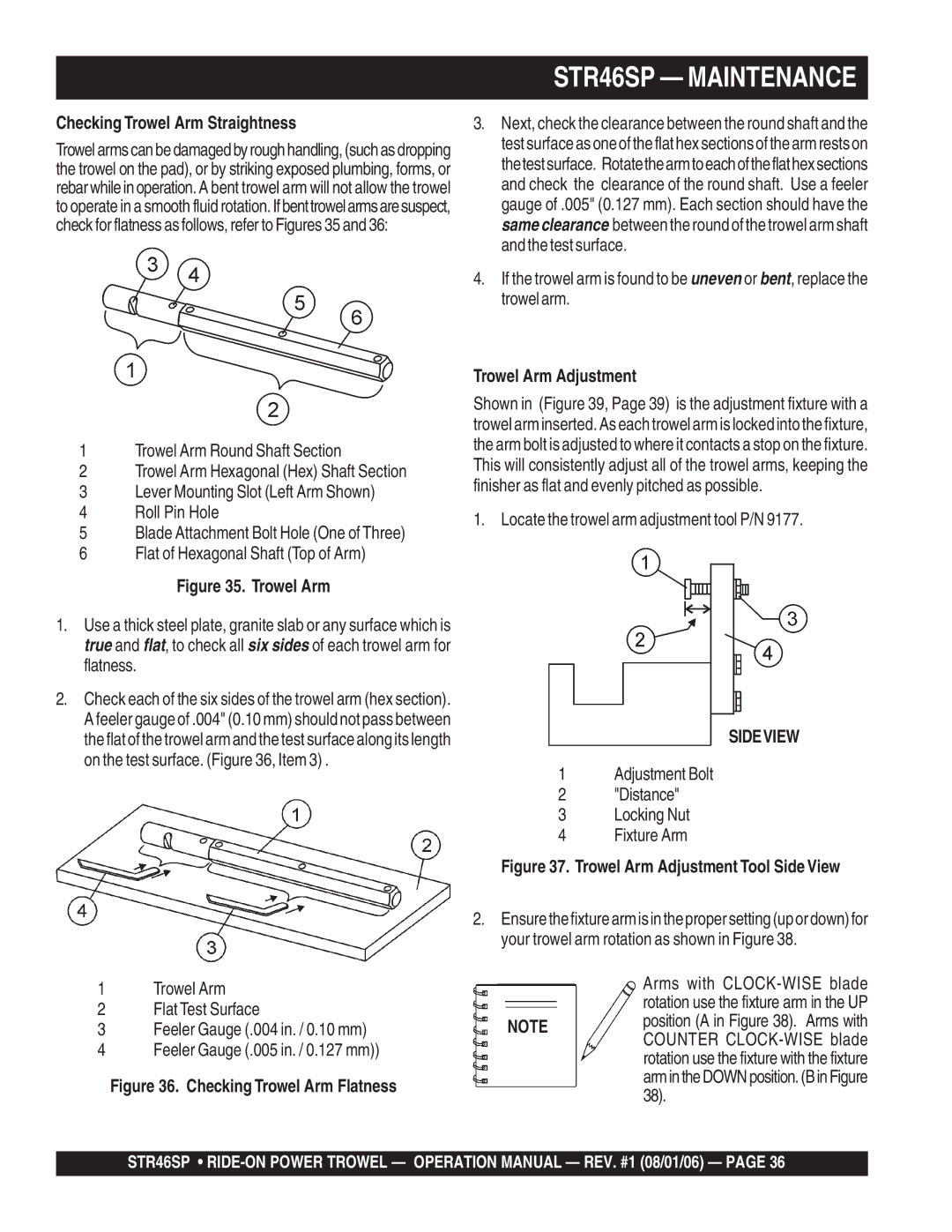 Stow STR46SP manual Checking Trowel Arm Straightness, Trowel Arm Adjustment 