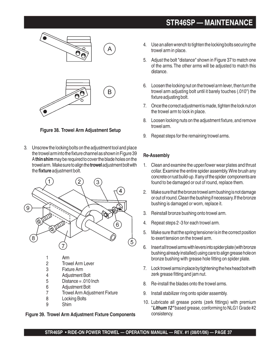 Stow STR46SP manual Trowel Arm Adjustment Setup, Re-Assembly 