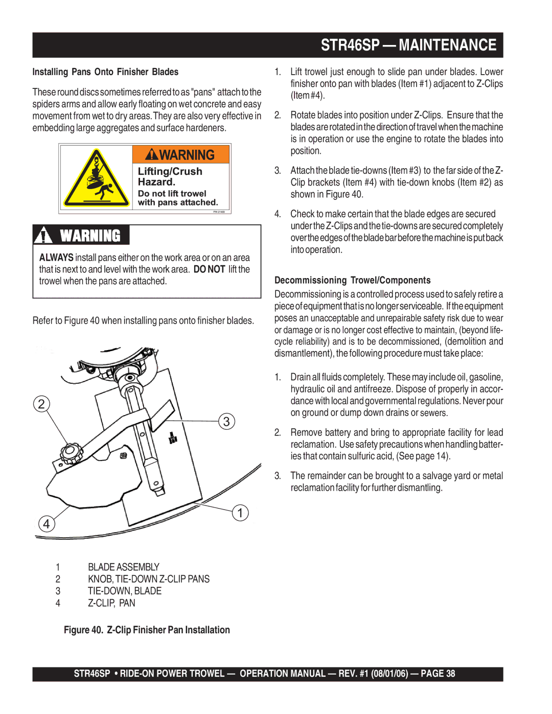 Stow STR46SP manual Installing Pans Onto Finisher Blades, Decommissioning Trowel/Components 