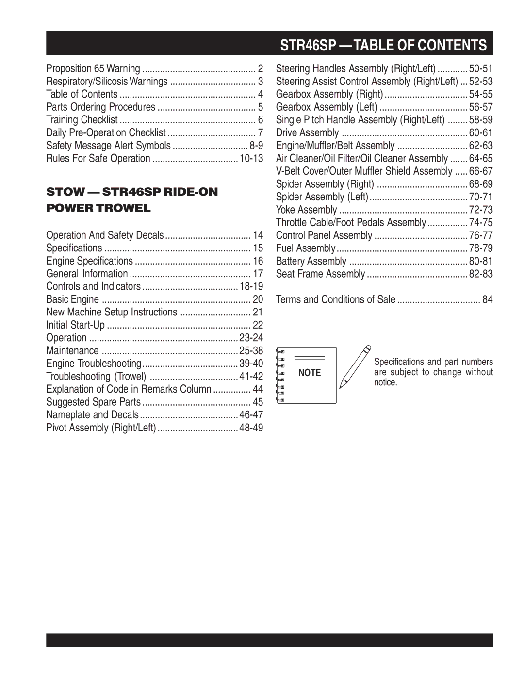 Stow manual STR46SP -TABLE of Contents 