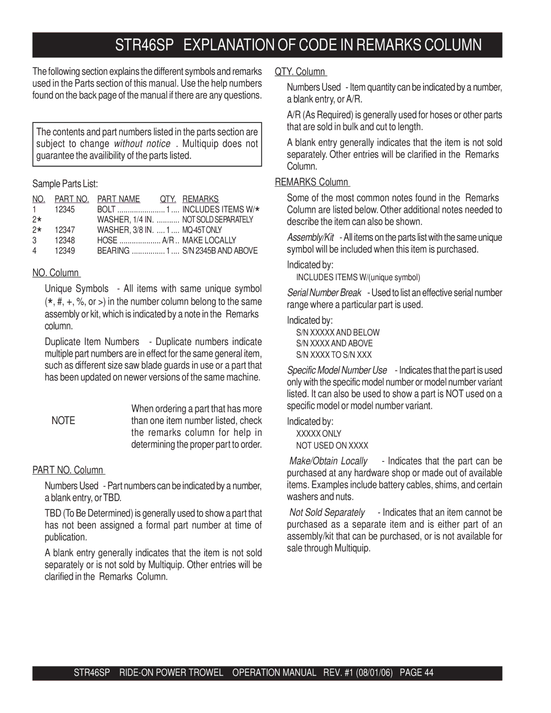 Stow manual STR46SP Explanation of Code in Remarks Column, Part NO. Column, QTY. Column 