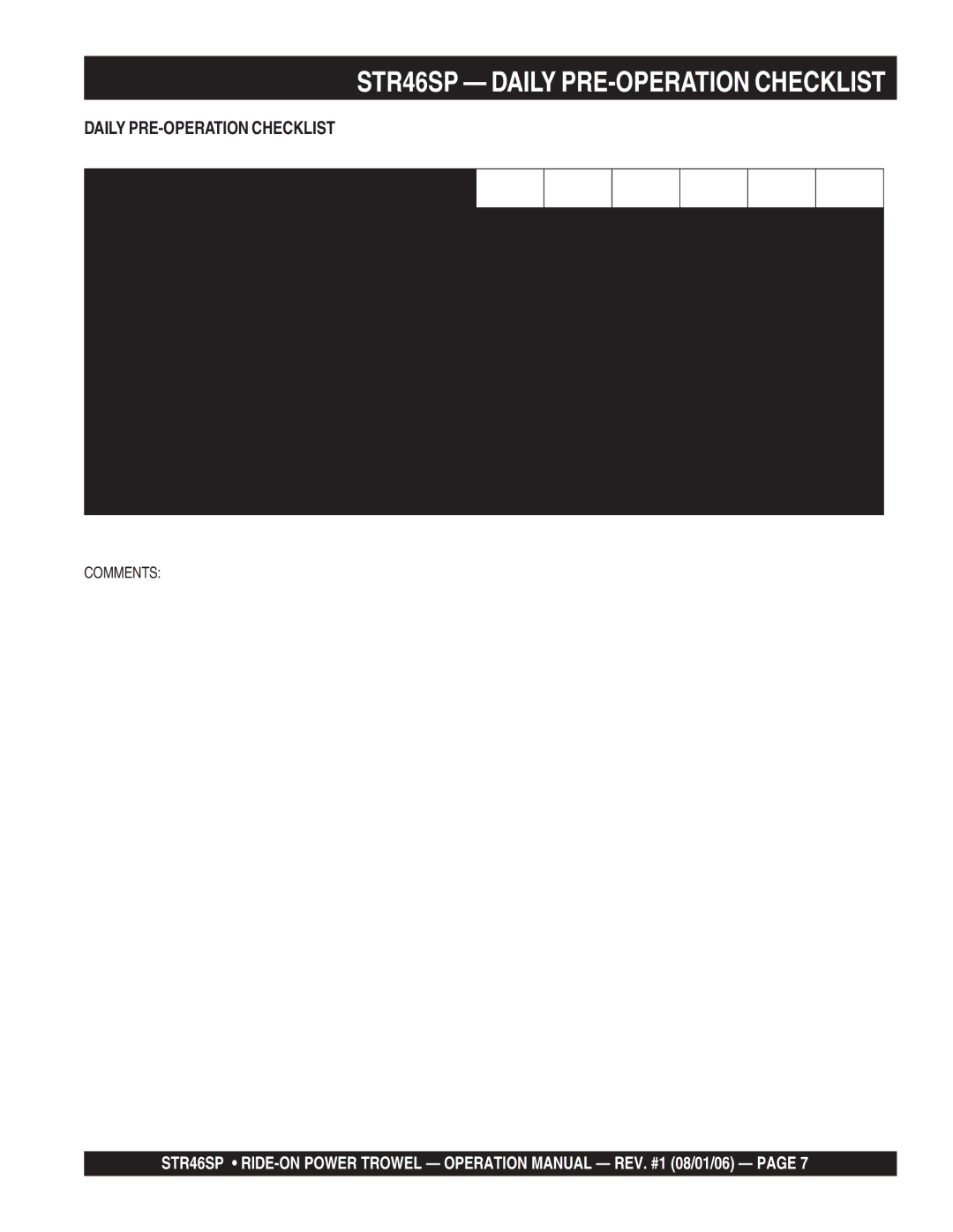 Stow manual STR46SP Daily PRE-OPERATION Checklist 