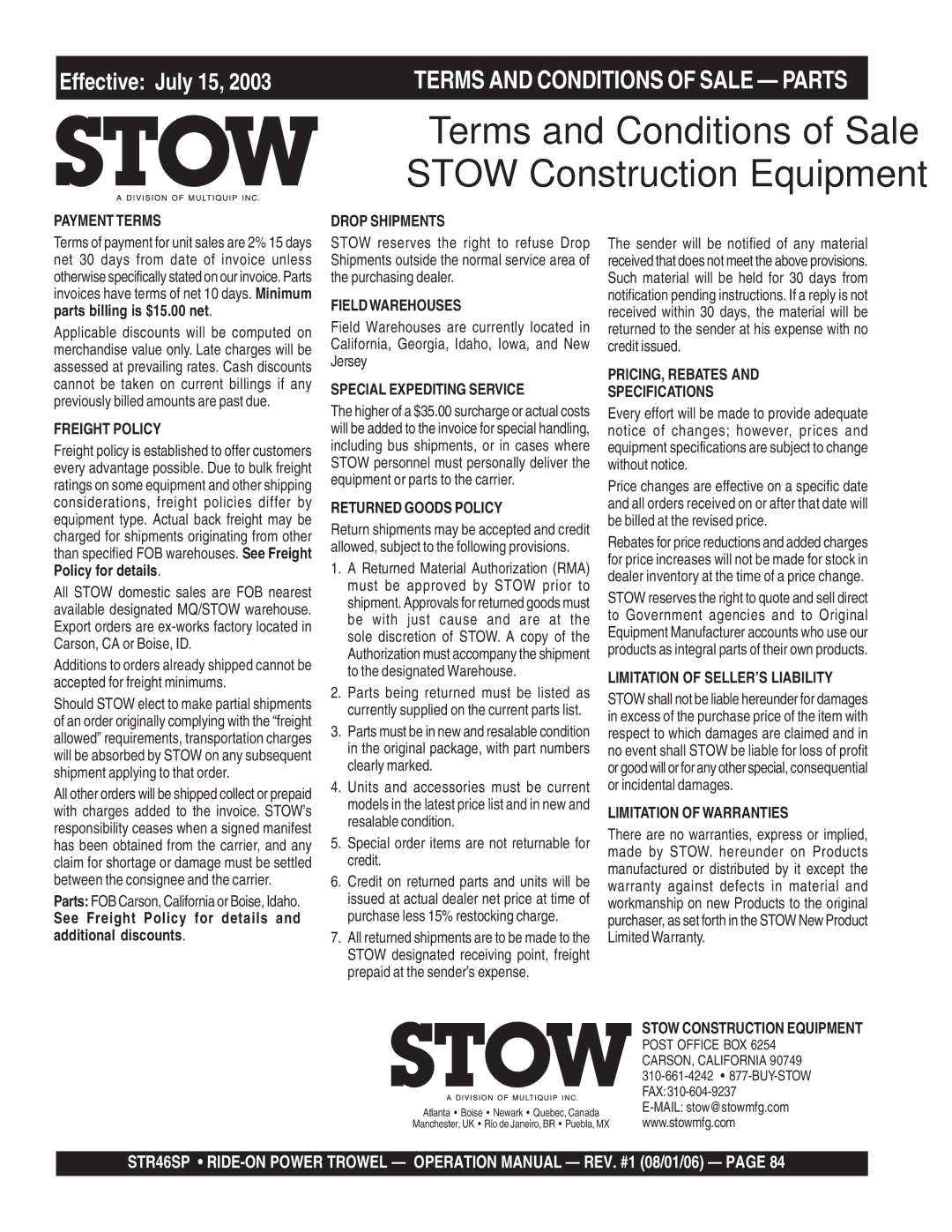 Stow STR46SP manual Terms and Conditions of Sale Stow Construction Equipment 