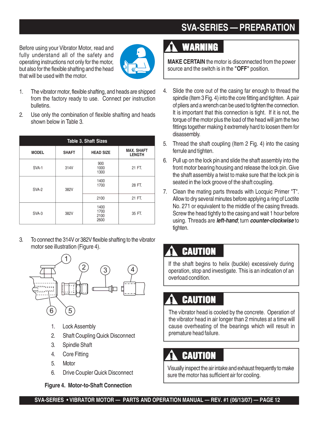 Stow SVA-2E, SVA-3E, SVA-1 manual SVA-SERIES Preparation, Motor-to-Shaft Connection 