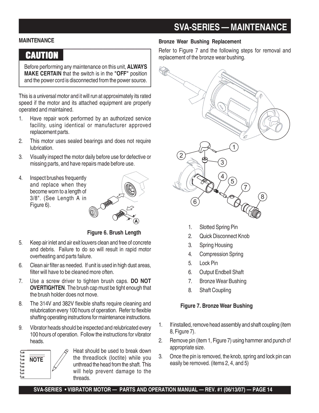 Stow SVA-1 SVA-SERIES Maintenance, Become worn to a length of 3/8. See Length a in Figure, Bronze Wear Bushing Replacement 