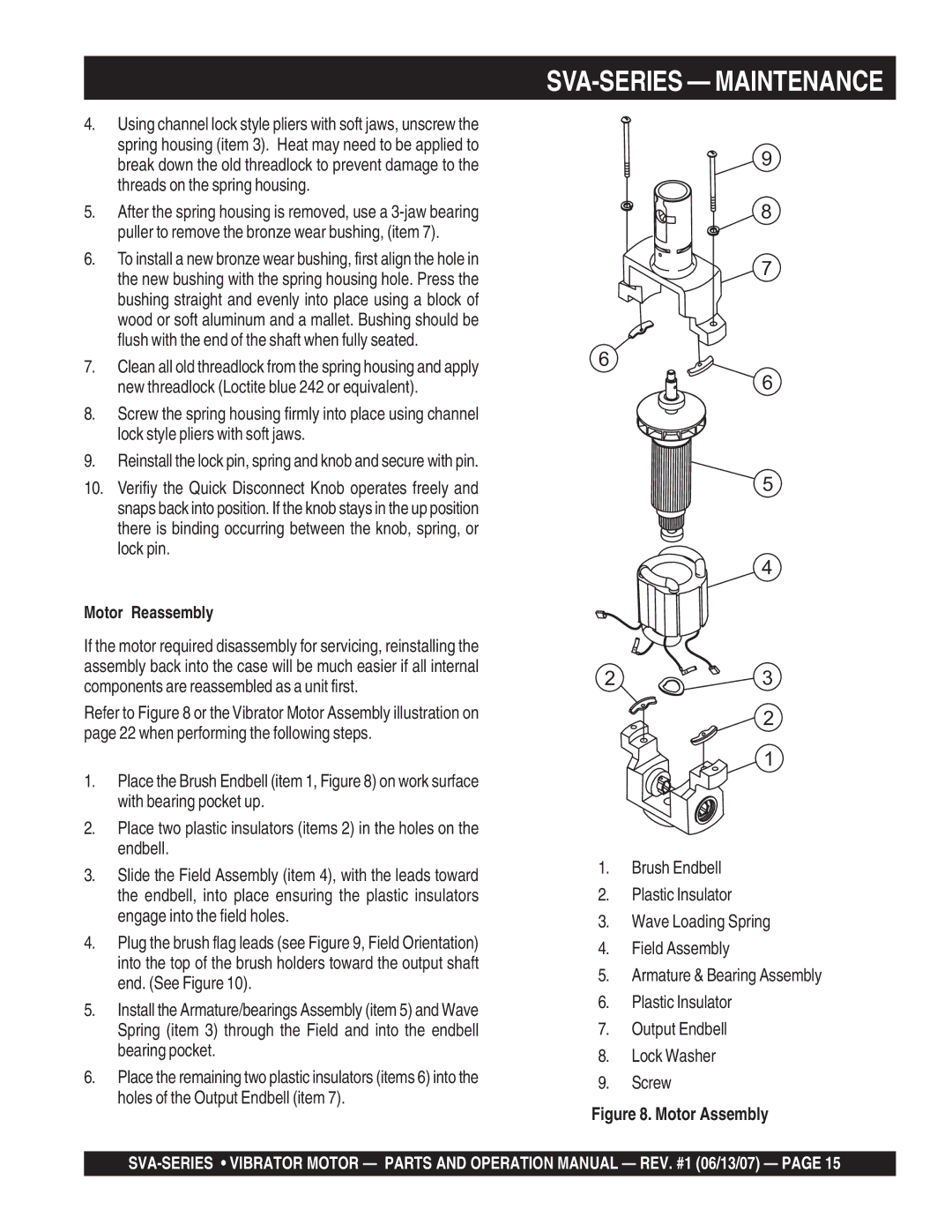 Stow SVA-2E, SVA-3E, SVA-1 manual Motor Reassembly, Motor Assembly 