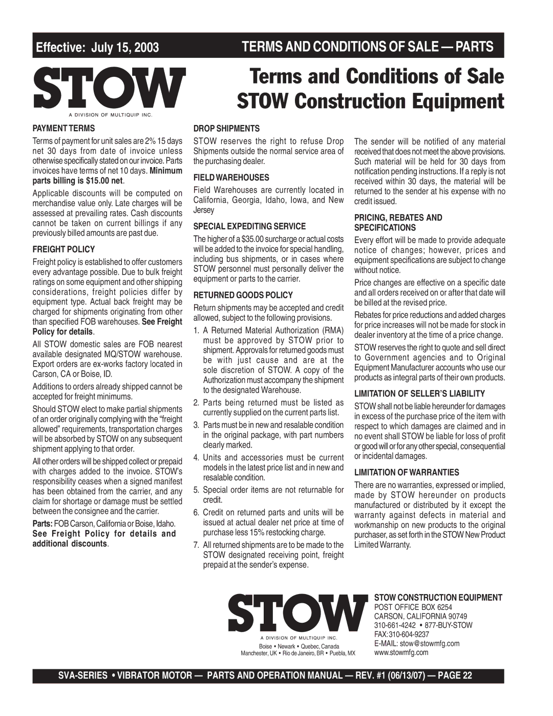 Stow SVA-2E, SVA-3E, SVA-1 manual Terms and Conditions of Sale Stow Construction Equipment 