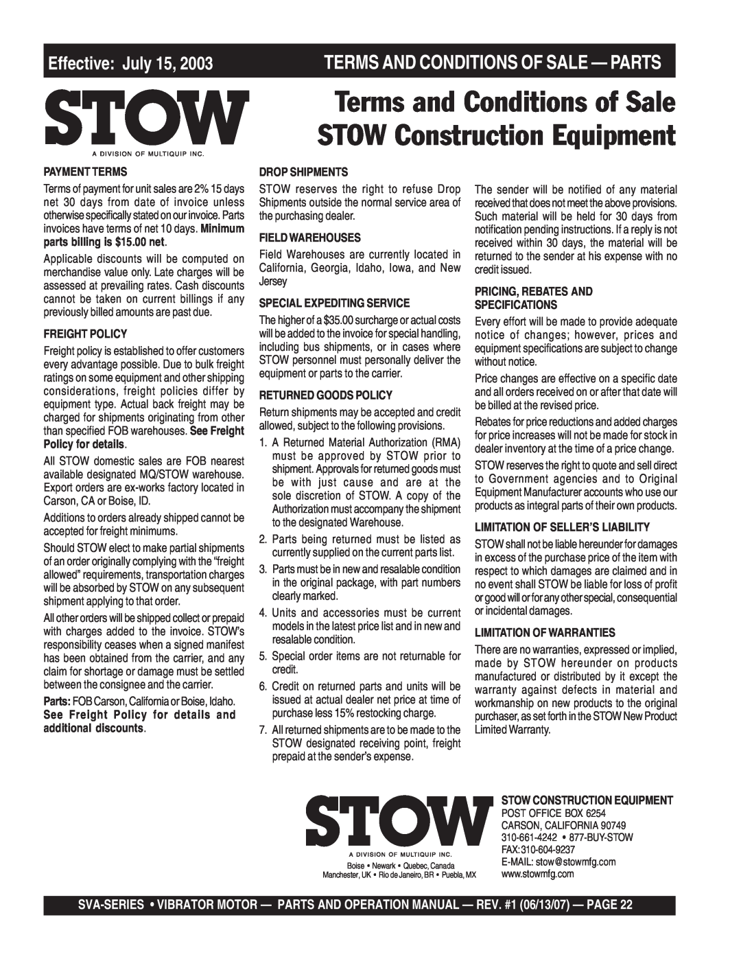Stow SVA-3 Effective July, Terms and Conditions of Sale STOW Construction Equipment, Terms And Conditions Of Sale - Parts 