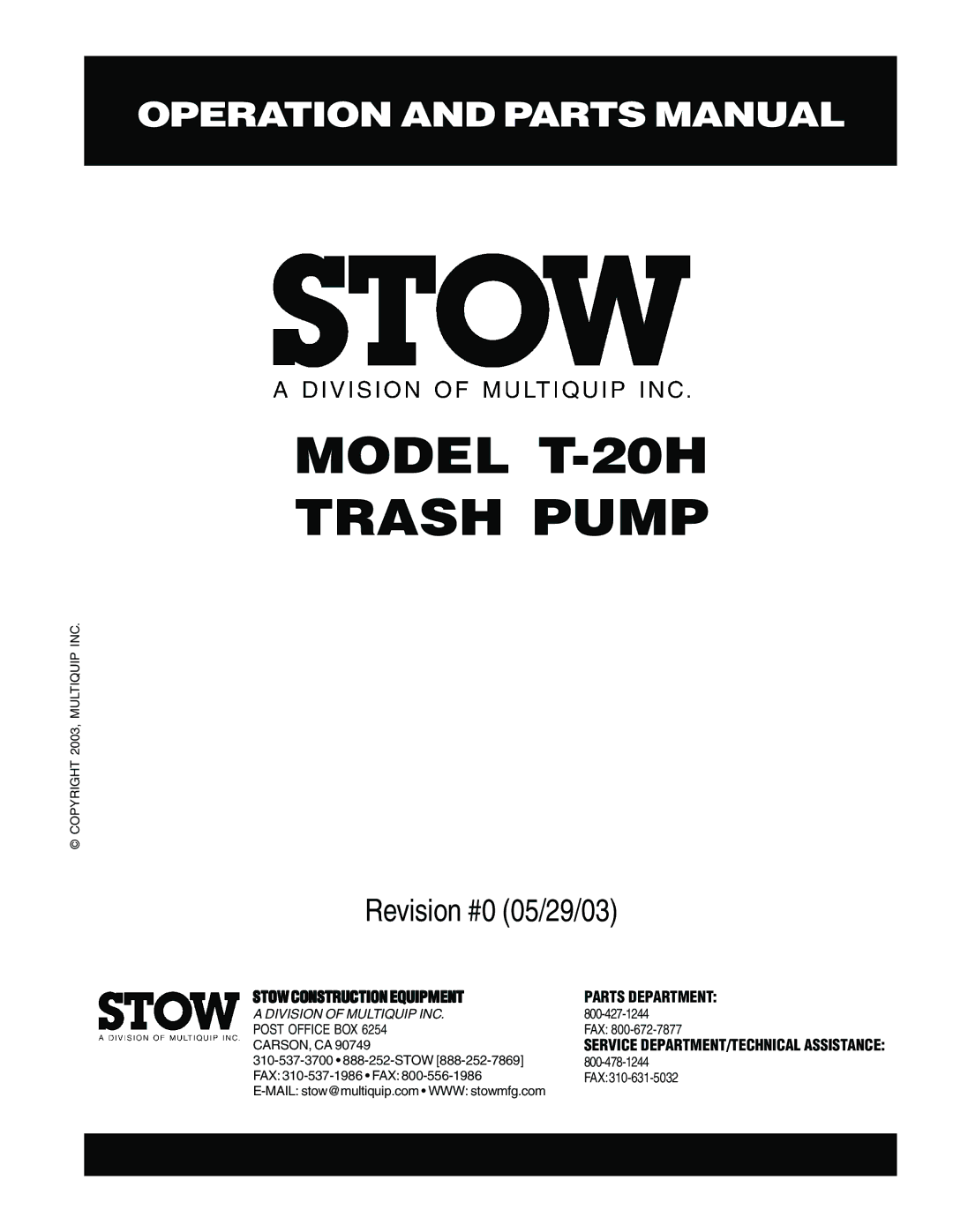 Stow manual Model T-20H Trash Pump 