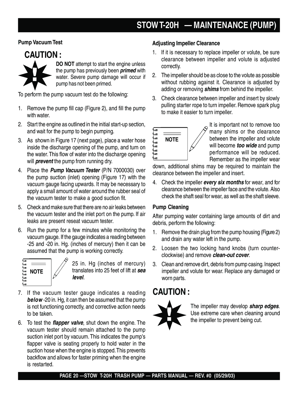 Stow manual Stow T-20H Maintenance Pump, Pump Vacuum Test 