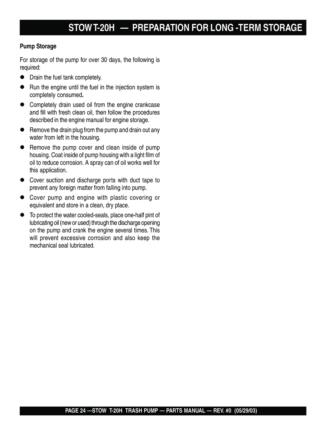 Stow manual STOWT-20H Preparation for Long -TERM Storage, Pump Storage 