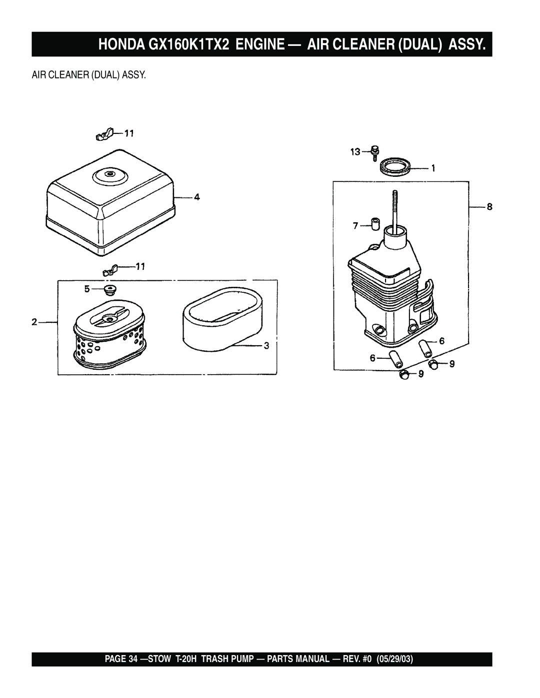 Stow T-20H manual Honda GX160K1TX2 Engine AIR Cleaner Dual Assy 