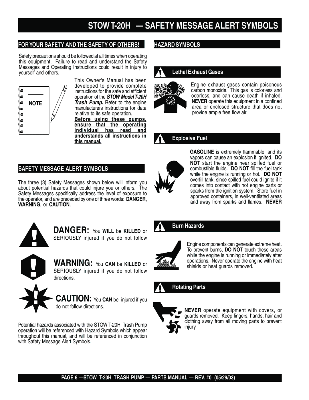 Stow manual Stow T-20H Safety Message Alert Symbols 