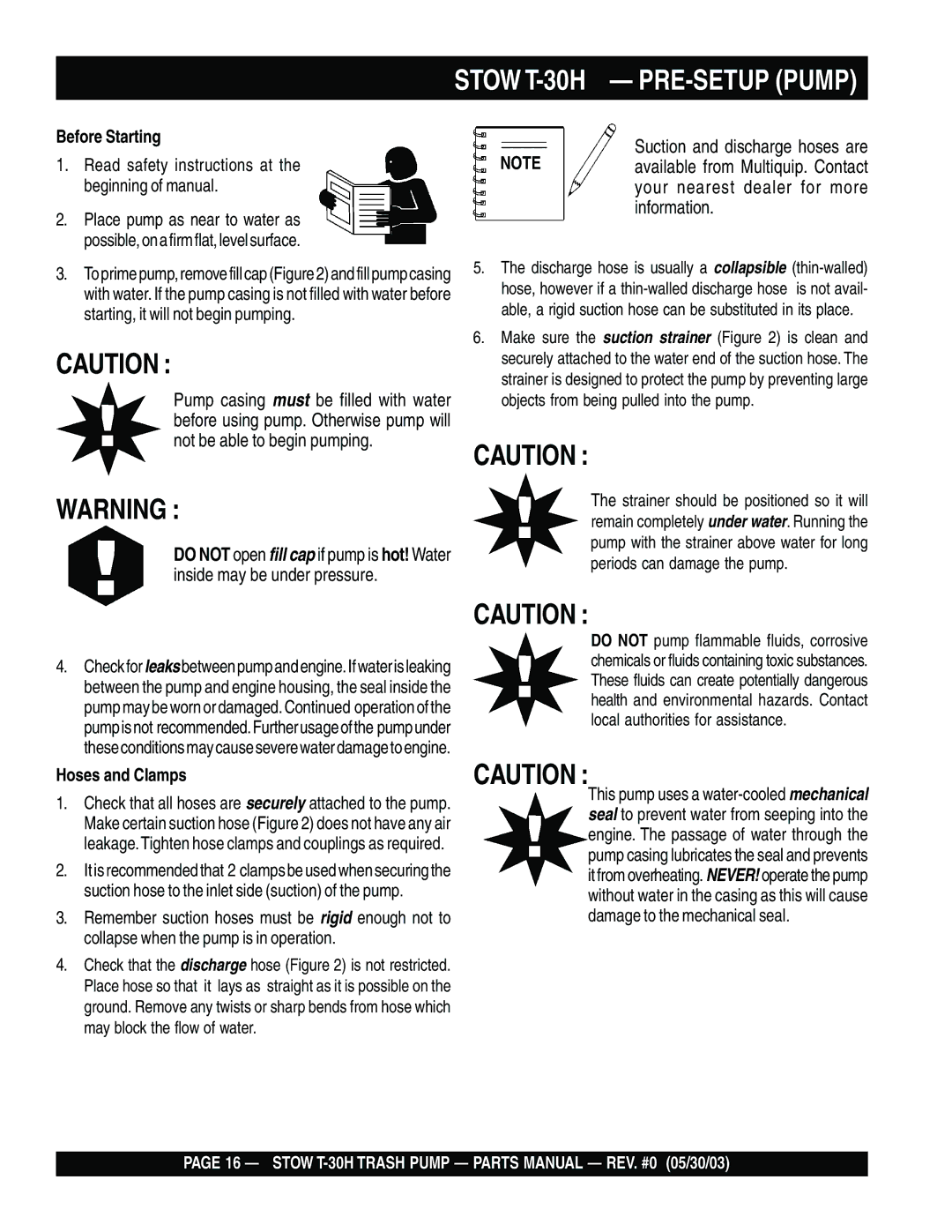 Stow Stow T-30H PRE-SETUP Pump, Read safety instructions at the beginning of manual 