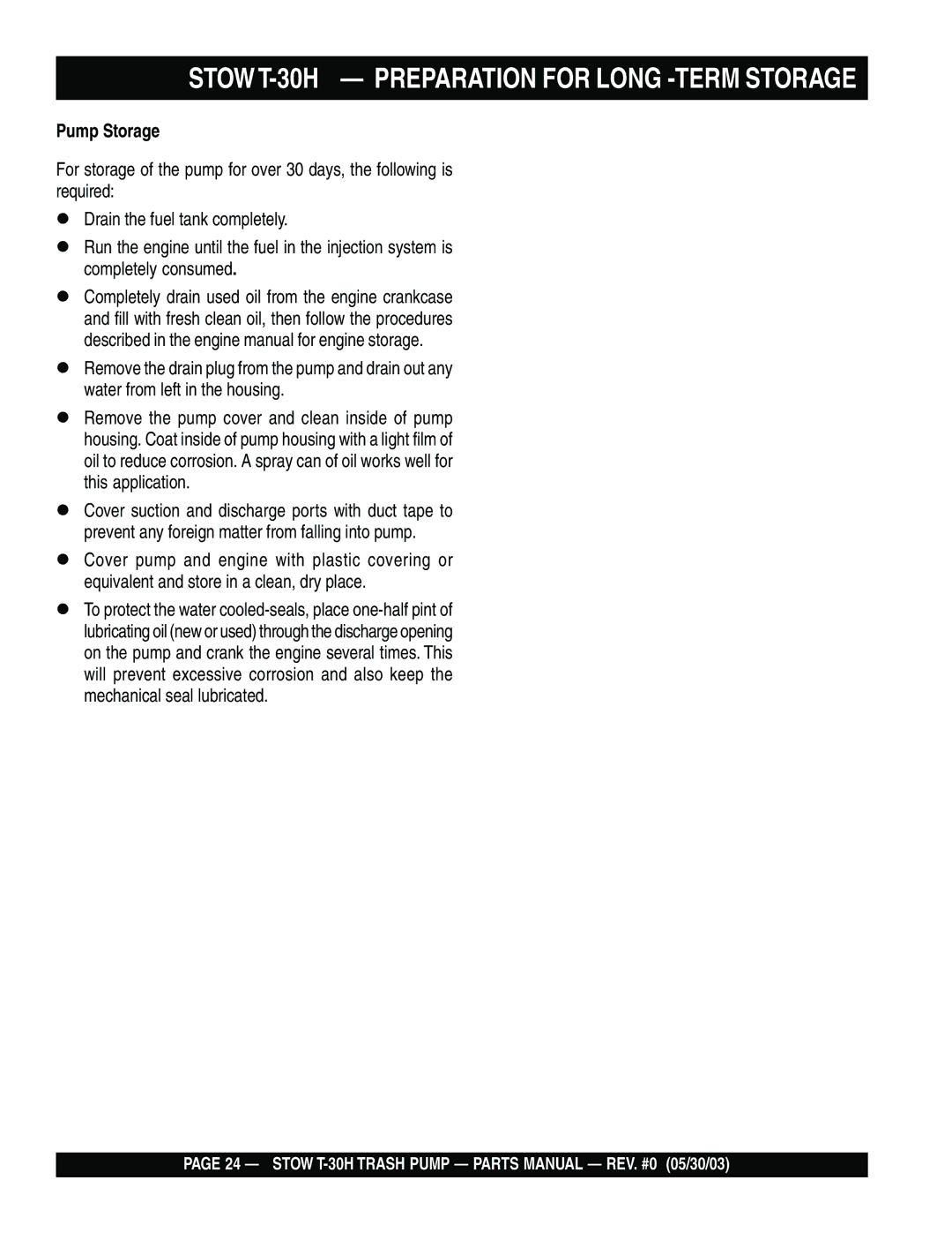 Stow manual STOWT-30H Preparation for Long -TERM Storage, Pump Storage 