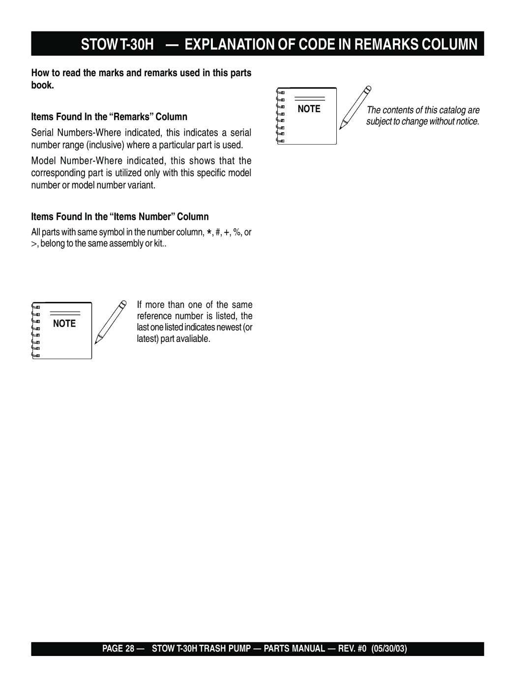 Stow manual STOWT-30H Explanation of Code in Remarks Column, Items Found In the Remarks Column 