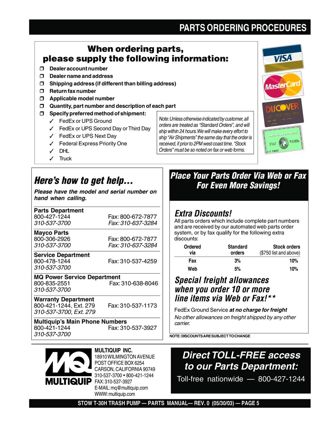 Stow T-30H manual Parts Ordering Procedures, When ordering parts Please supply the following information 