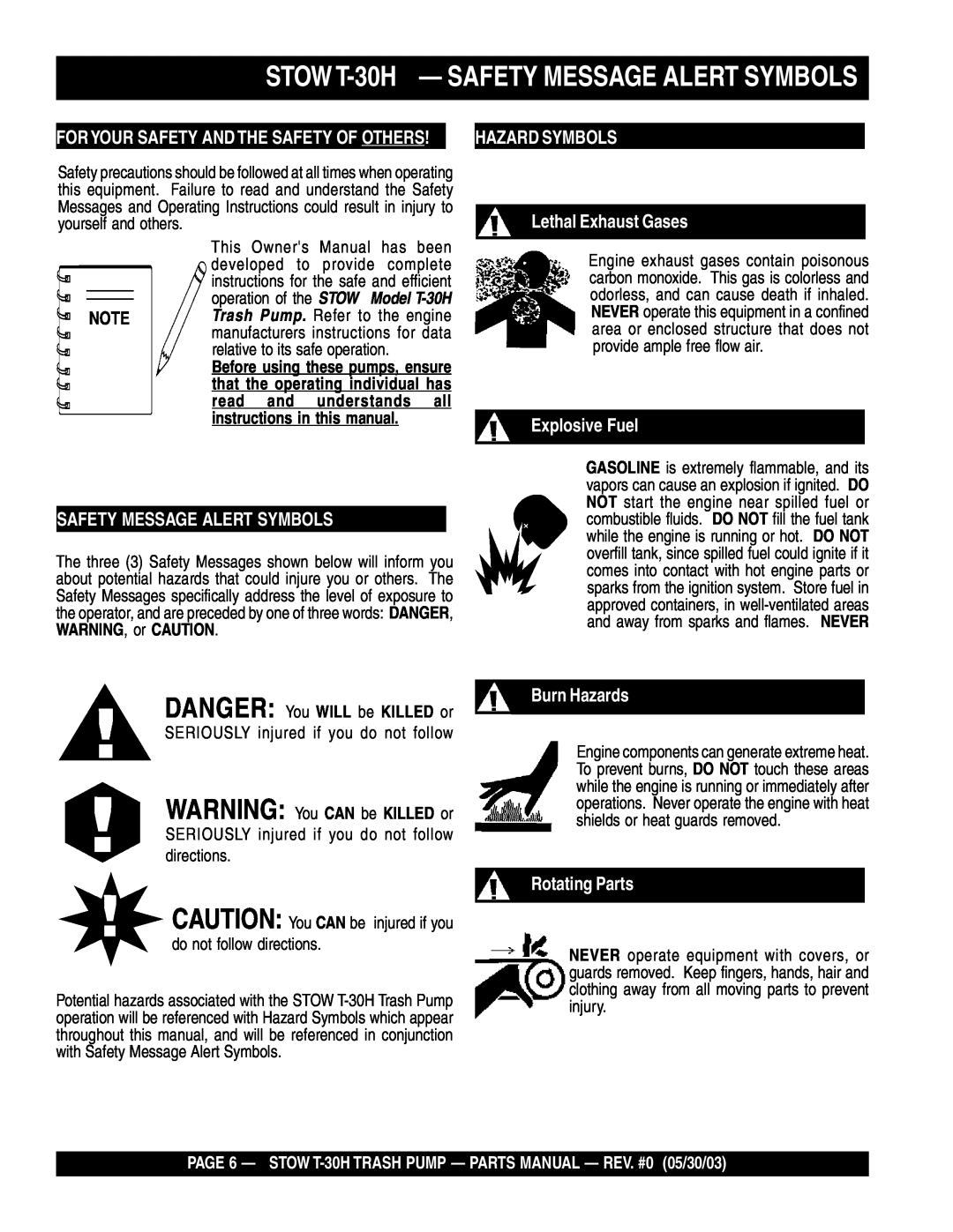 Stow manual STOW T-30H- SAFETY MESSAGE ALERT SYMBOLS, Hazard Symbols, Safety Message Alert Symbols, Lethal Exhaust Gases 