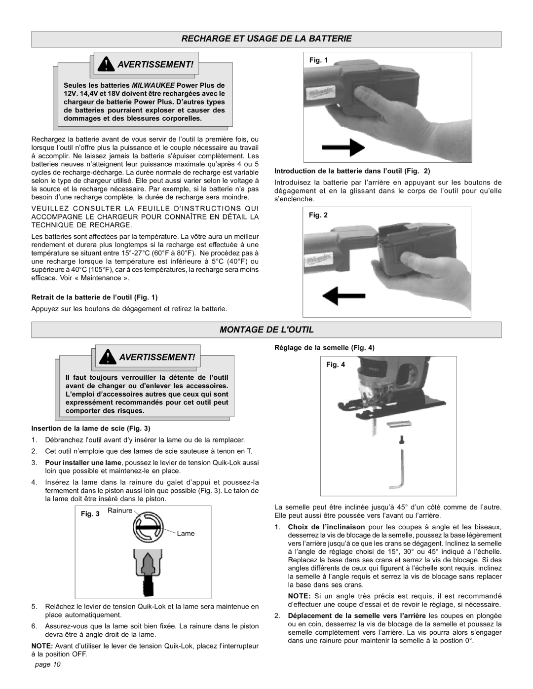 StreamLight 6267-20 manual Recharge ET Usage DE LA Batterie Avertissement, Montage DE Loutil Avertissement 