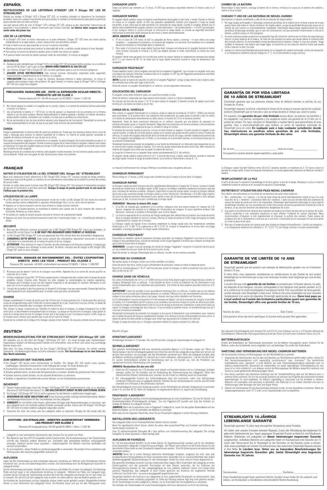 StreamLight 757049 USO DE LA Linterna, Seguridad, Carga, Utilisation DE LA Lampe, Sécurité, Charge, Sicherheit, Aufladen 