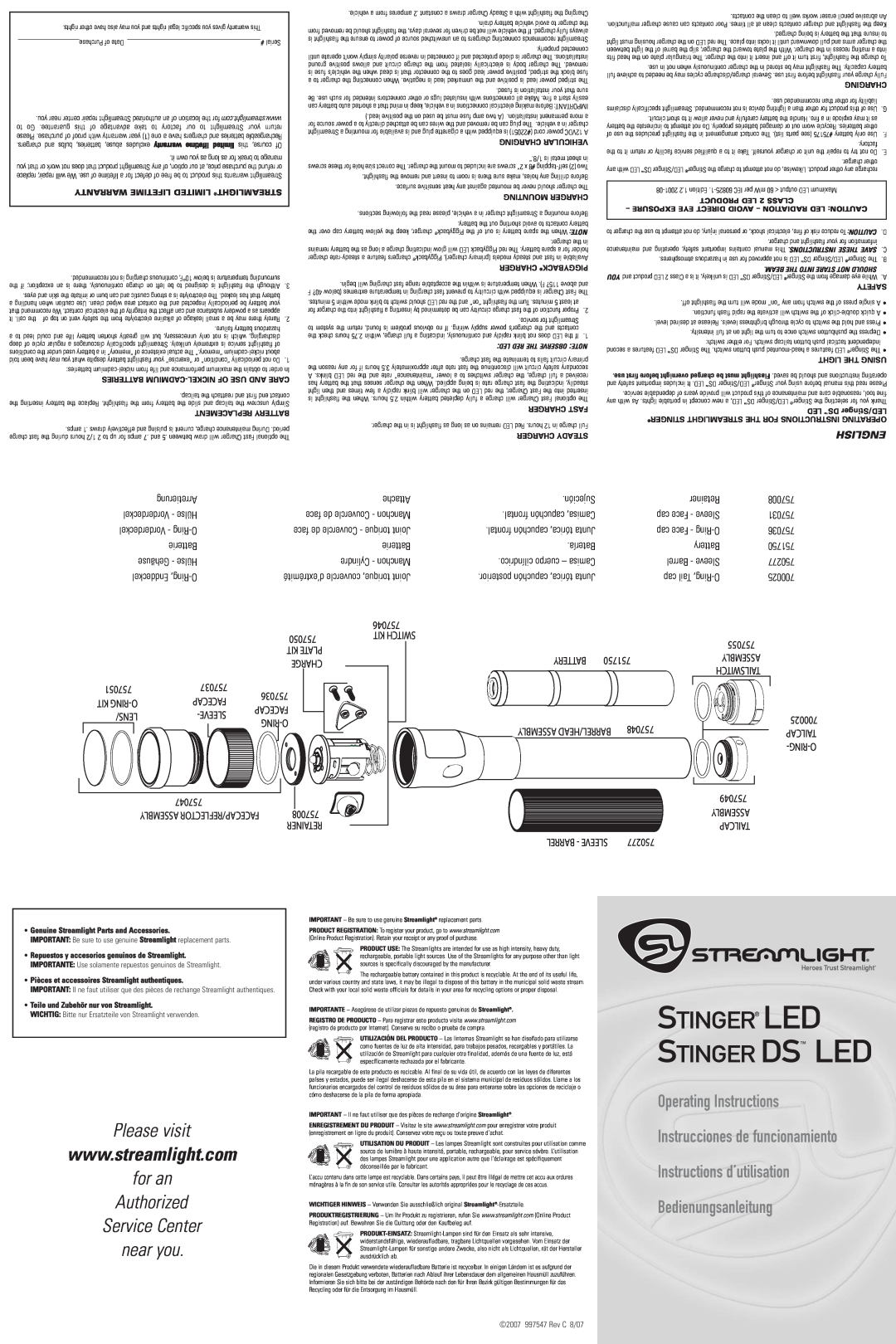 StreamLight 757048, 757055, 757049 operating instructions Stinger Led Stinger Ds Led, Please visit, for an Authorized 