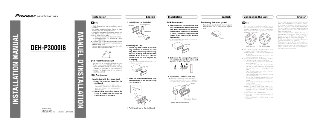 StreamLight DEH-P3000IB installation manual DIN Front/Rear-mount, Fastening the front panel, DIN Front-mount 