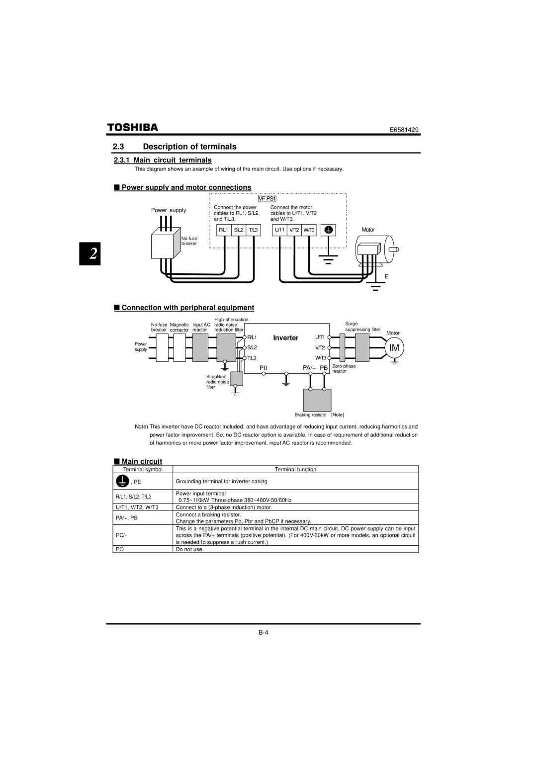 StreamLight VF-PS1 instruction manual Description of terminals, Main circuit terminals, Power supply and motor connections 