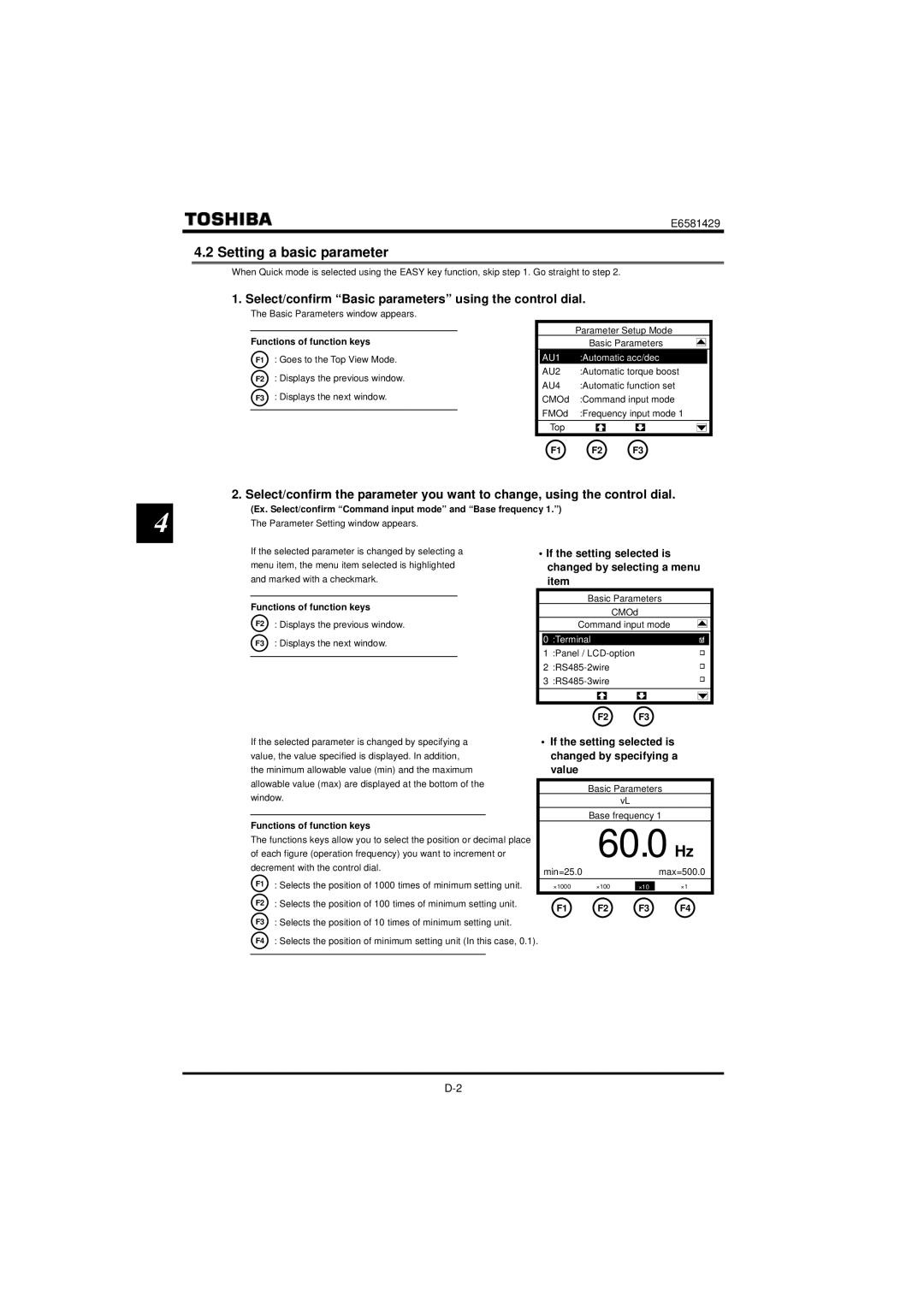 StreamLight VF-PS1 Setting a basic parameter, Select/confirm Basic parameters using the control dial, F1 F2 F3 