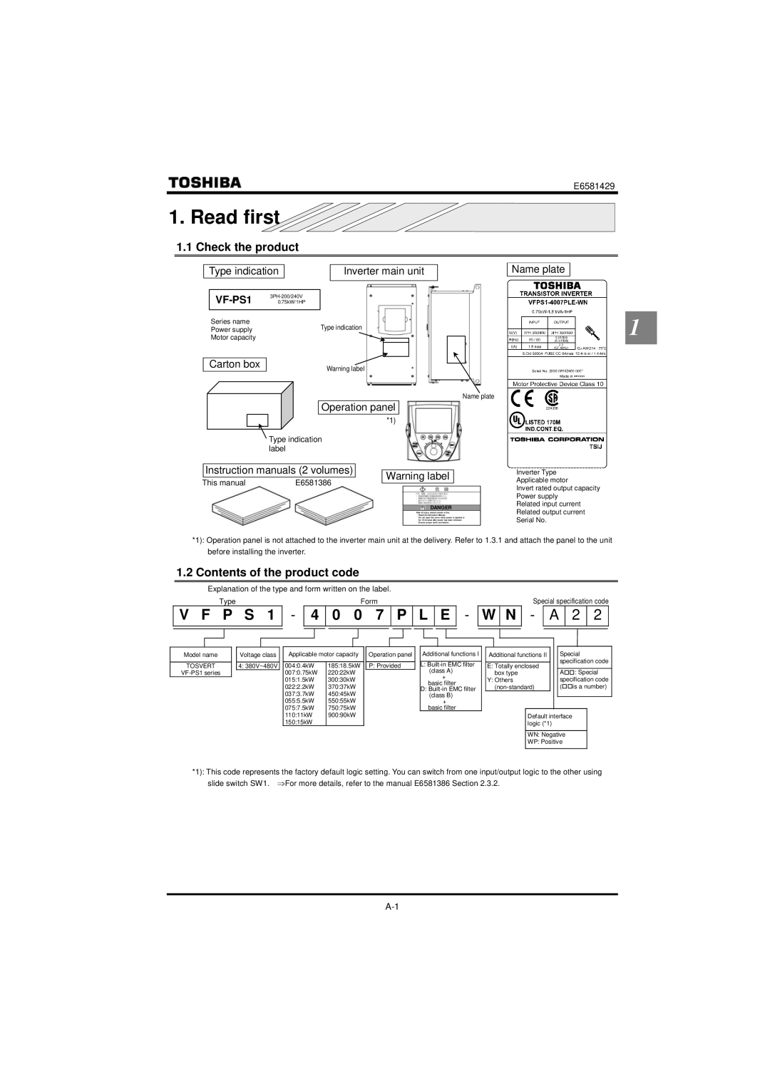 StreamLight VF-PS1 instruction manual Read first, Check the product, Contents of the product code, This manual E6581386 